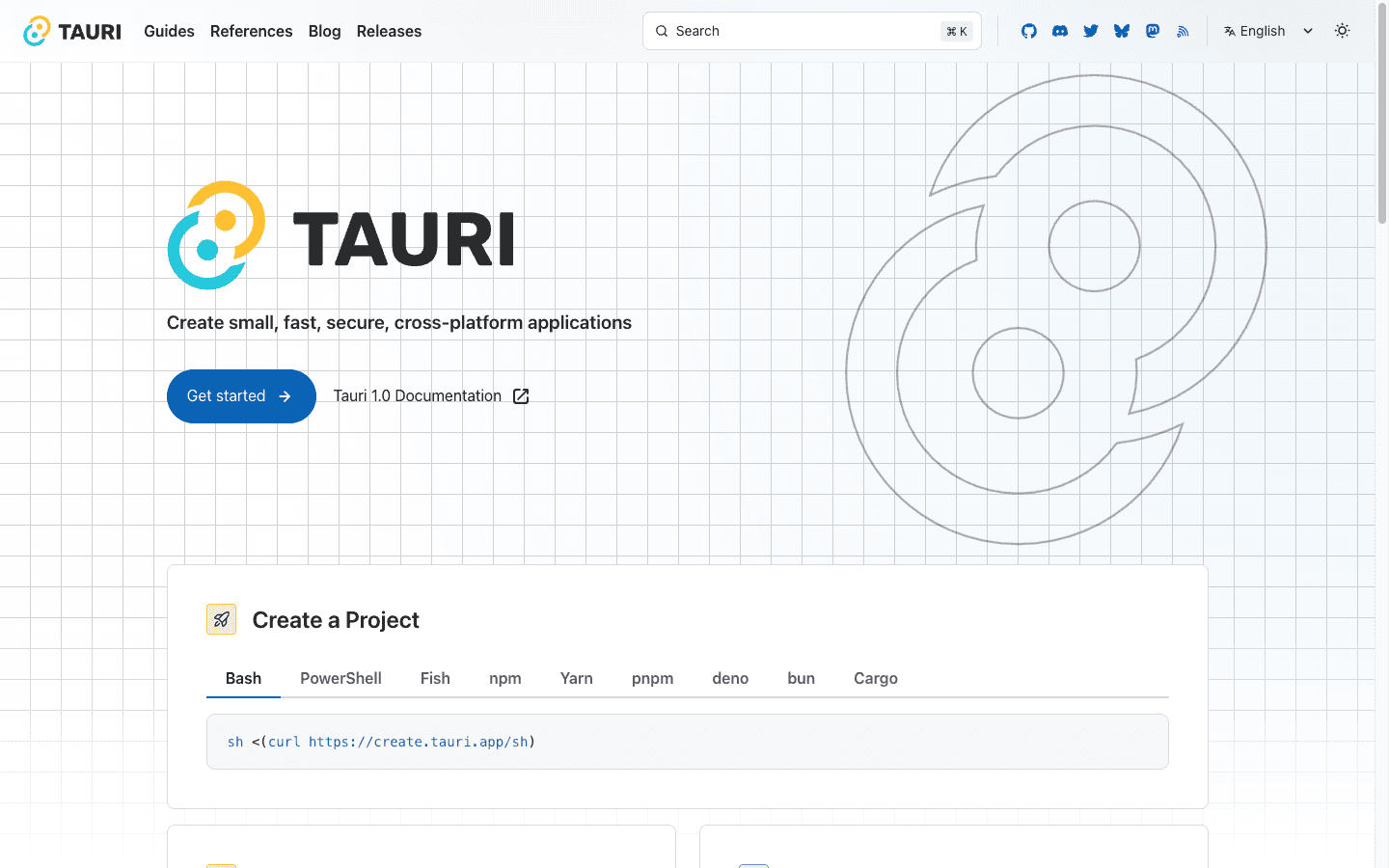 Tauri official homepage showing its small, fast, secure cross-platform application positioning and project creation command