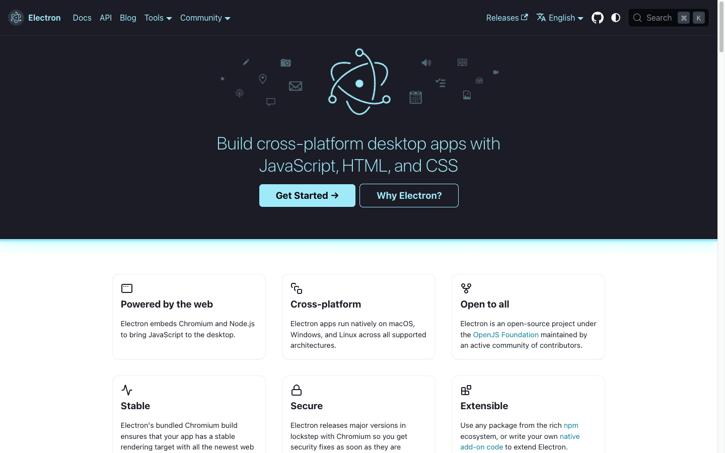 Electron official homepage describing cross-platform desktop apps built with JavaScript, HTML, and CSS