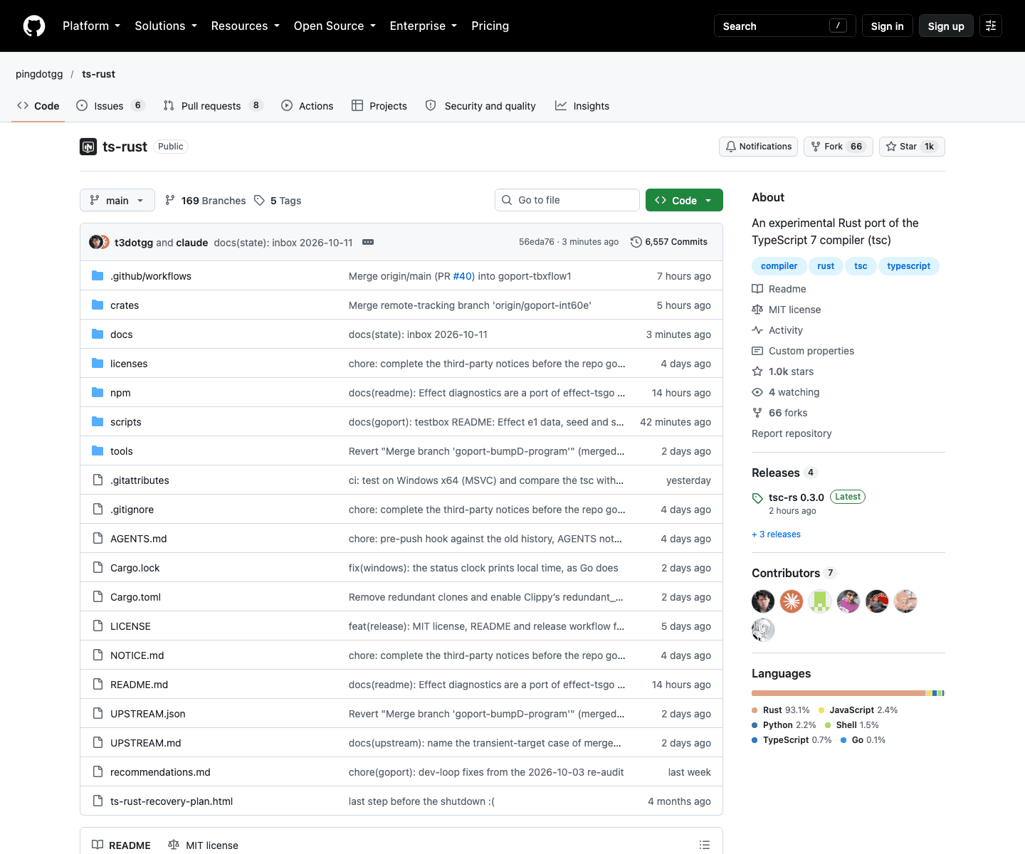 GitHub repository page for pingdotgg ts-rust showing the Rust project, release status, and repository metadata.