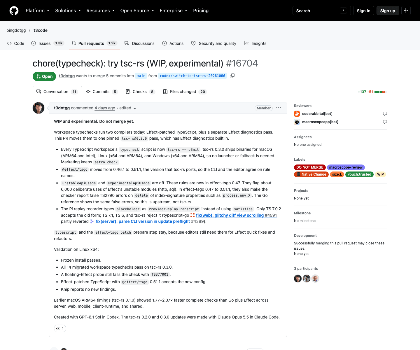 T3 Code pull request titled try tsc-rs showing WIP experimental status and validation notes for tsc-rs 0.3.0.