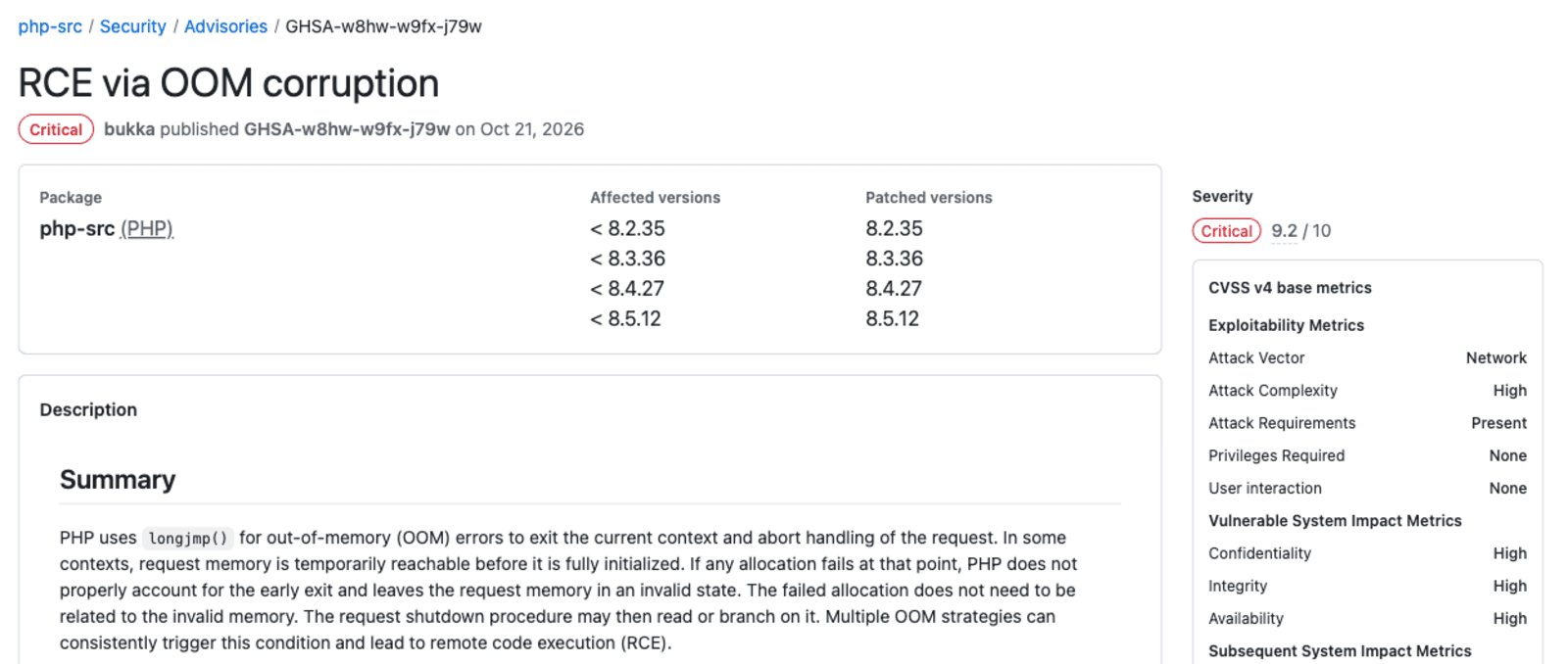 PHP security advisory GHSA-w8hw-w9fx-j79w, RCE via OOM corruption, rated Critical 9.2 with affected and patched PHP versions