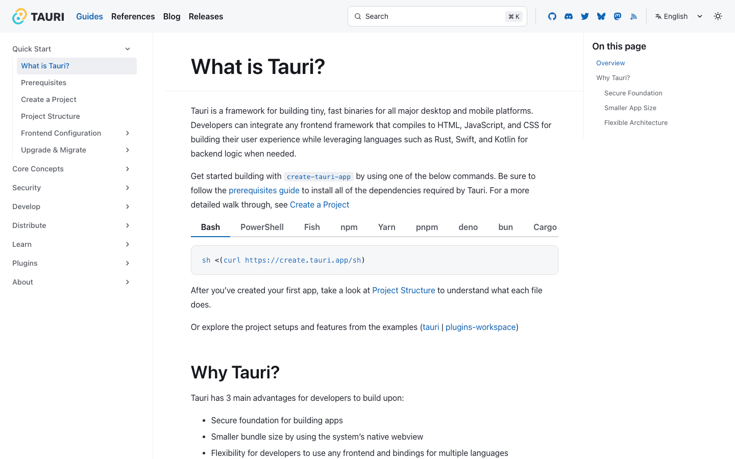 Official Tauri documentation showing the Tauri v2 quick start, project creation command, and native webview architecture