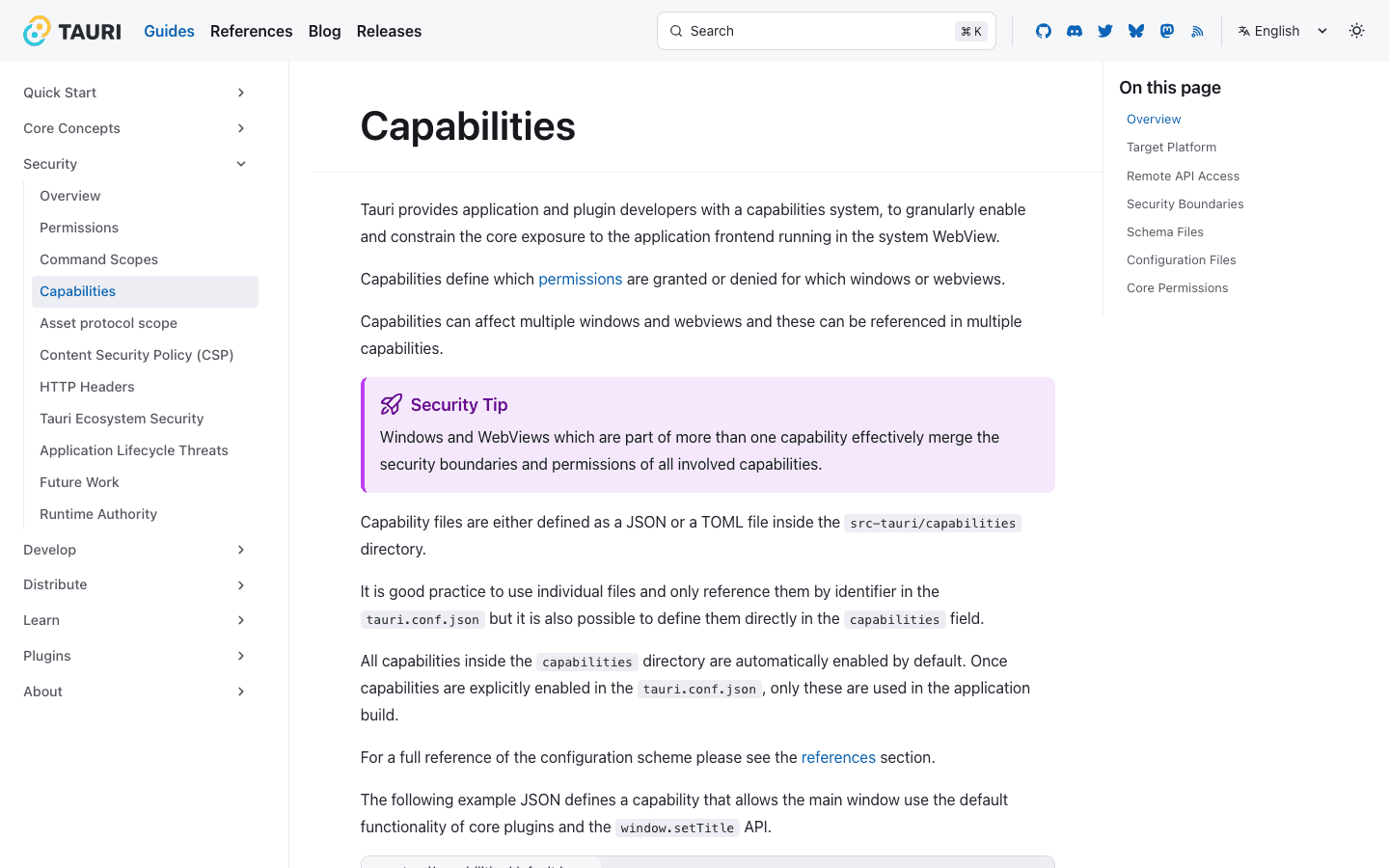 Official Tauri capabilities documentation showing fine-grained permissions for application windows and webviews