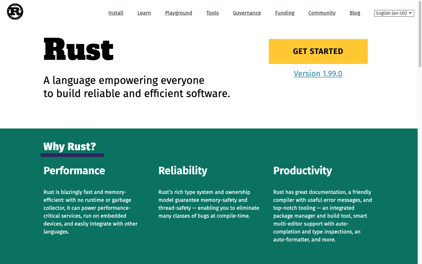 Rust official homepage presenting reliable and efficient software, with performance, reliability, and productivity themes
