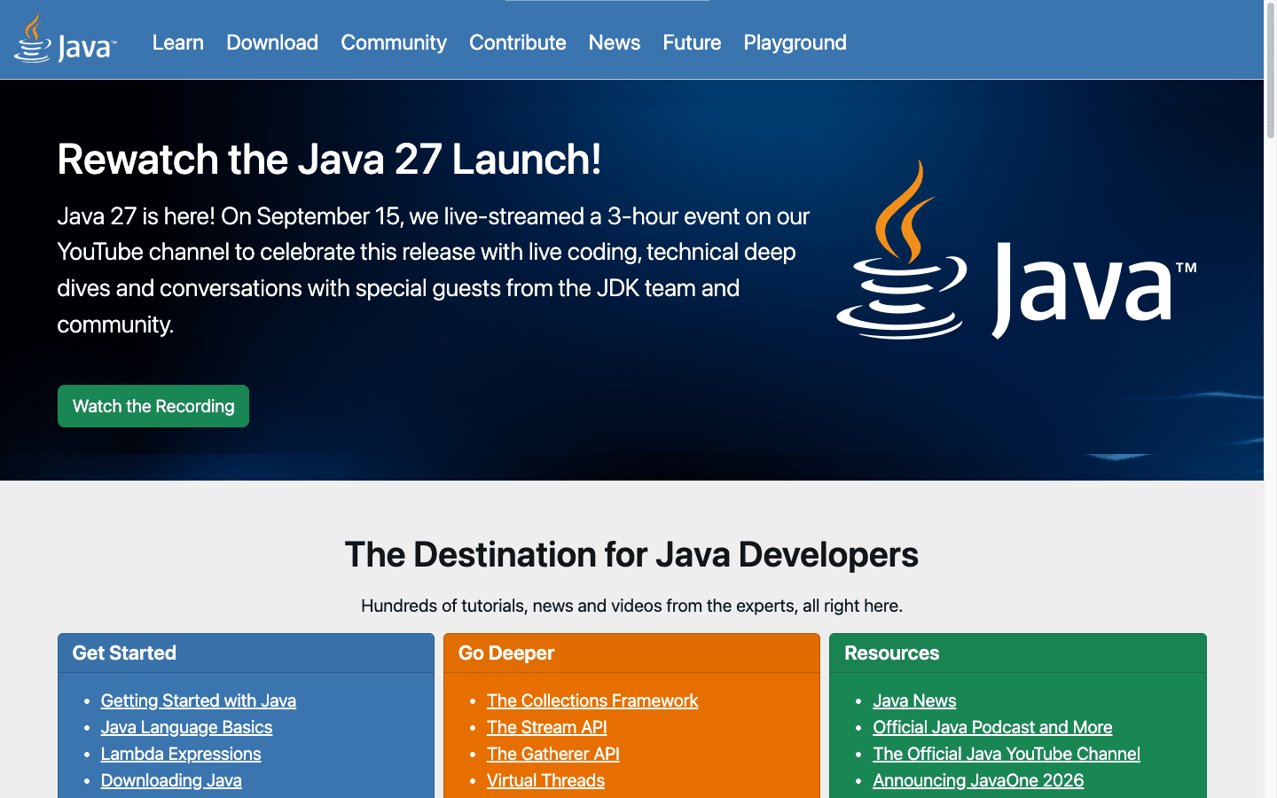 Official Java developer portal showing Java 27, cloud resources, and developer learning paths