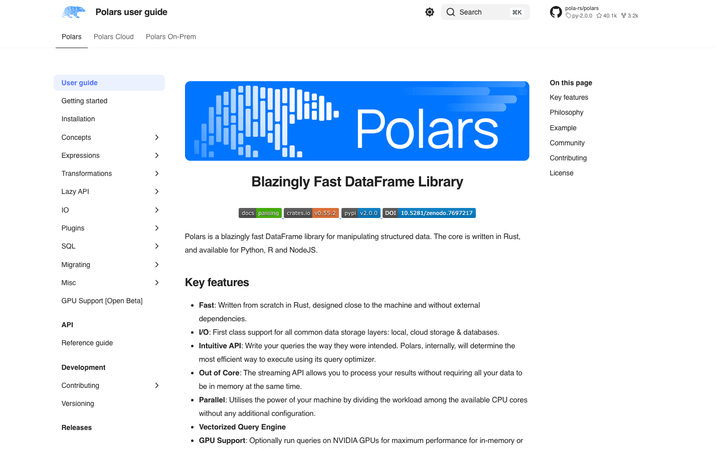 Official Polars user guide showing that its core is written in Rust and exposed through a Python DataFrame API