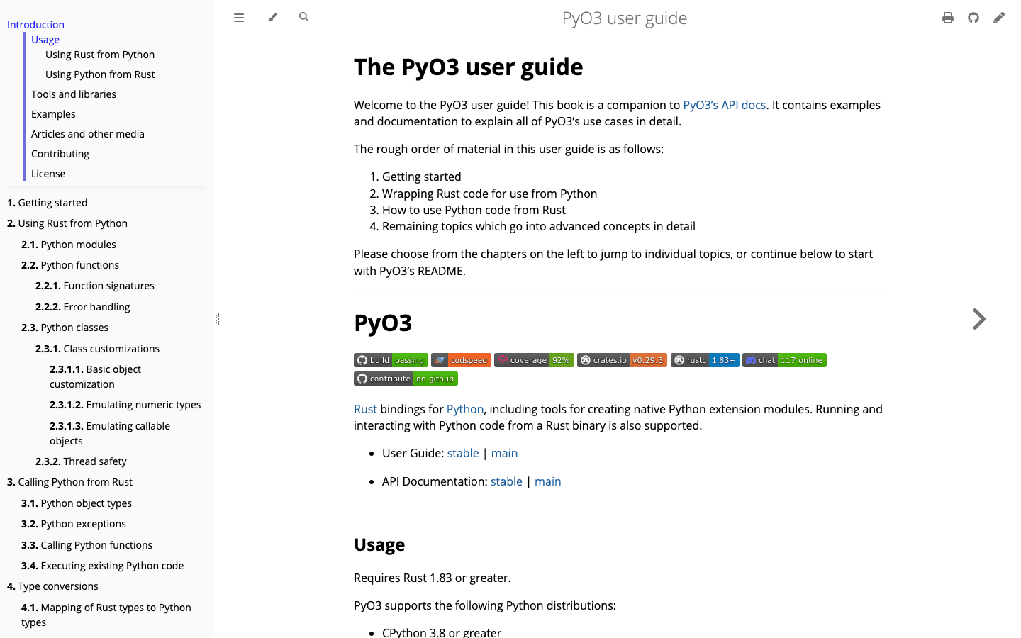 Official PyO3 user guide showing Rust bindings for Python and the supported Rust and Python usage paths
