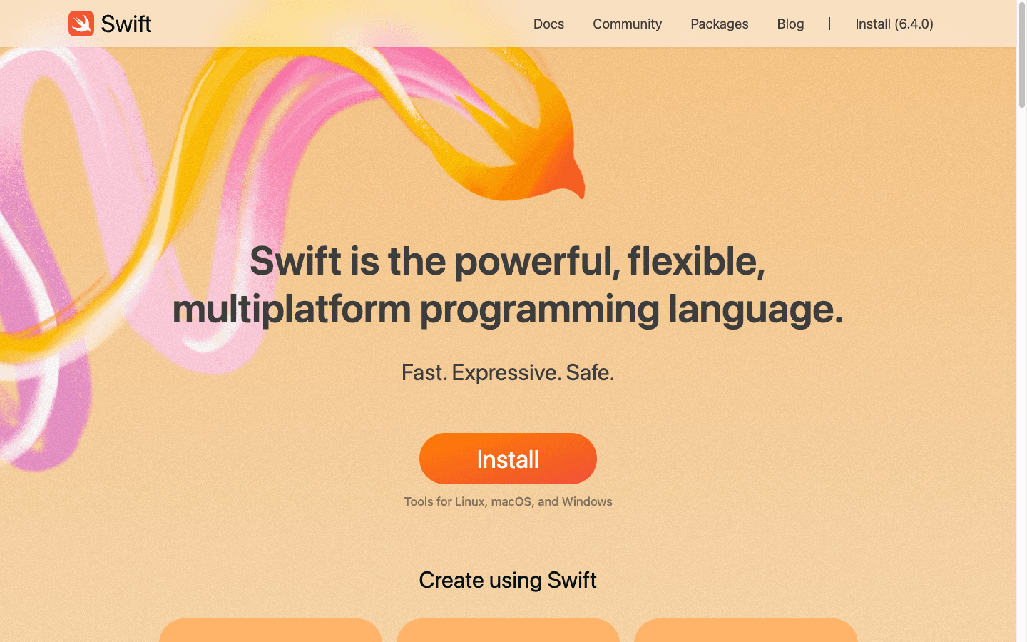 Swift official website showing Swift's focus on powerful, flexible, multiplatform software