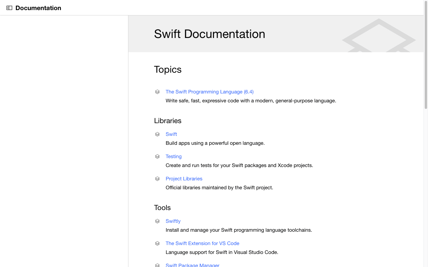 Swift documentation homepage with links to the language guide, package manager, and server-side Swift resources