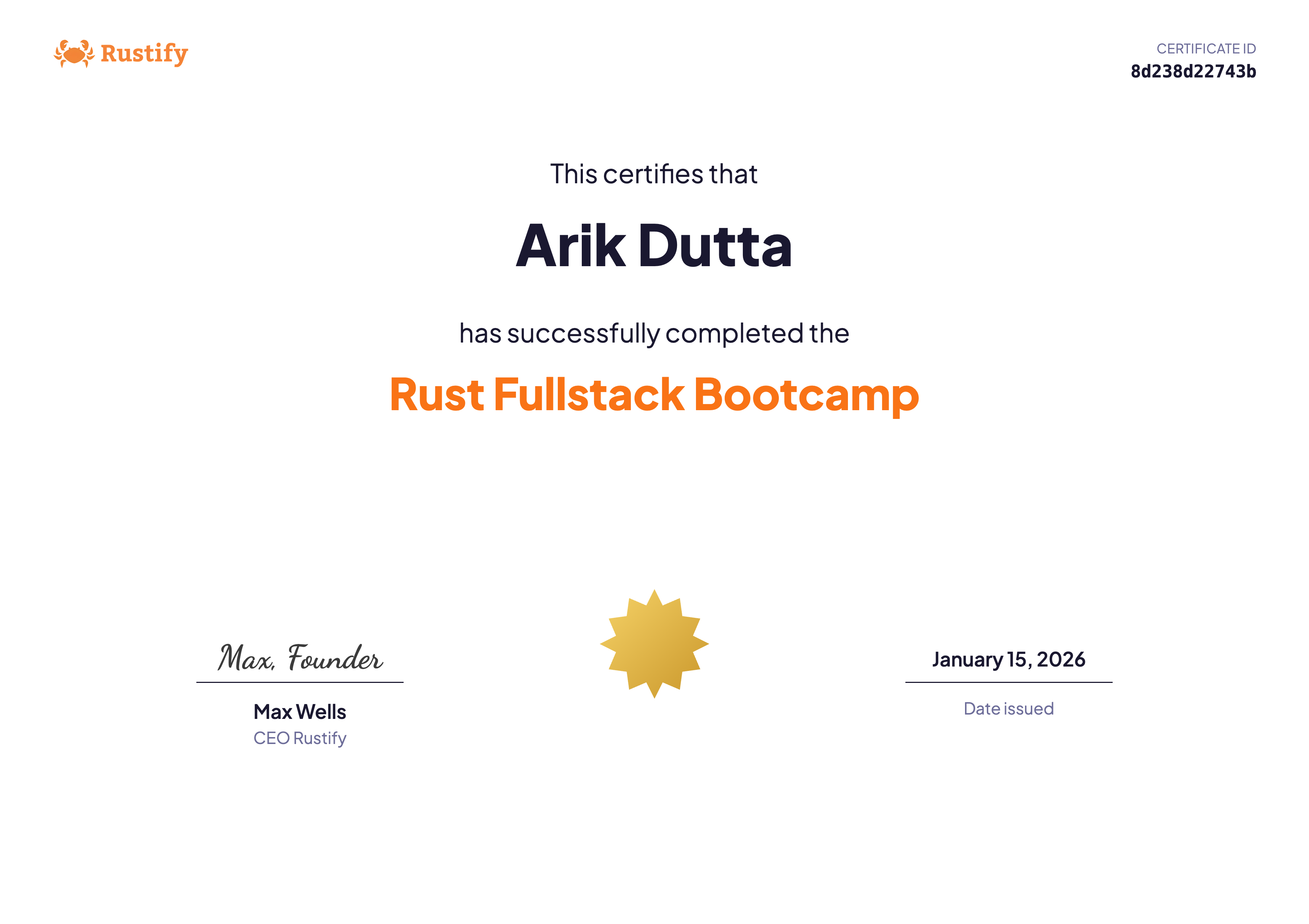 Rustify certificate preview