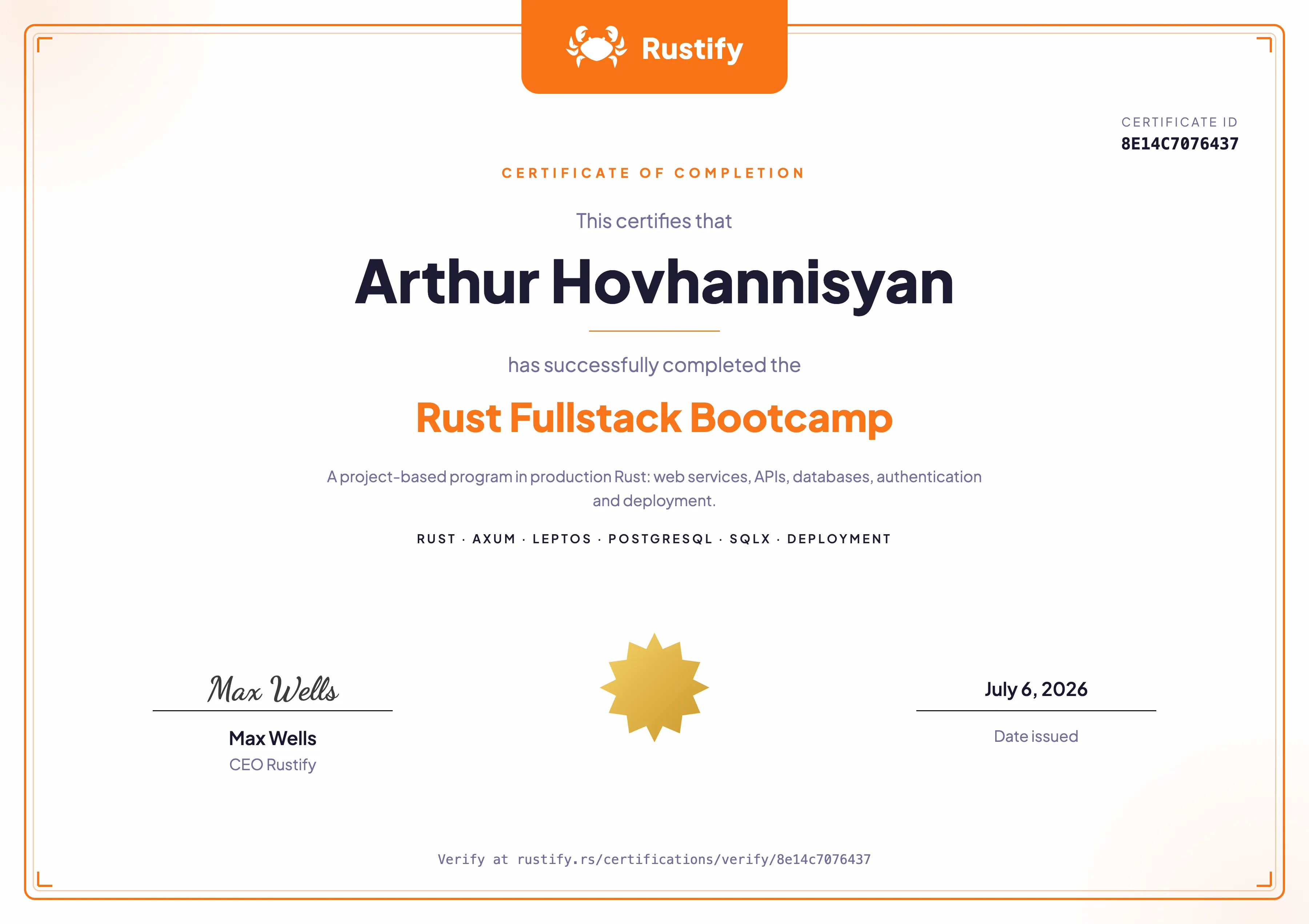 Arthur Hovhannisyan's Rustify certificate